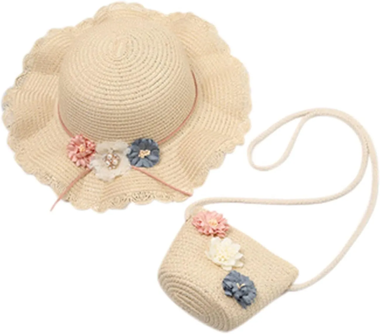 2-8 Years Kids Girls 50  UPF Sun Protection Wide Brim Hat Summer Flower Sunshade Hat Straw Beach Sun Hat   Straw Bag