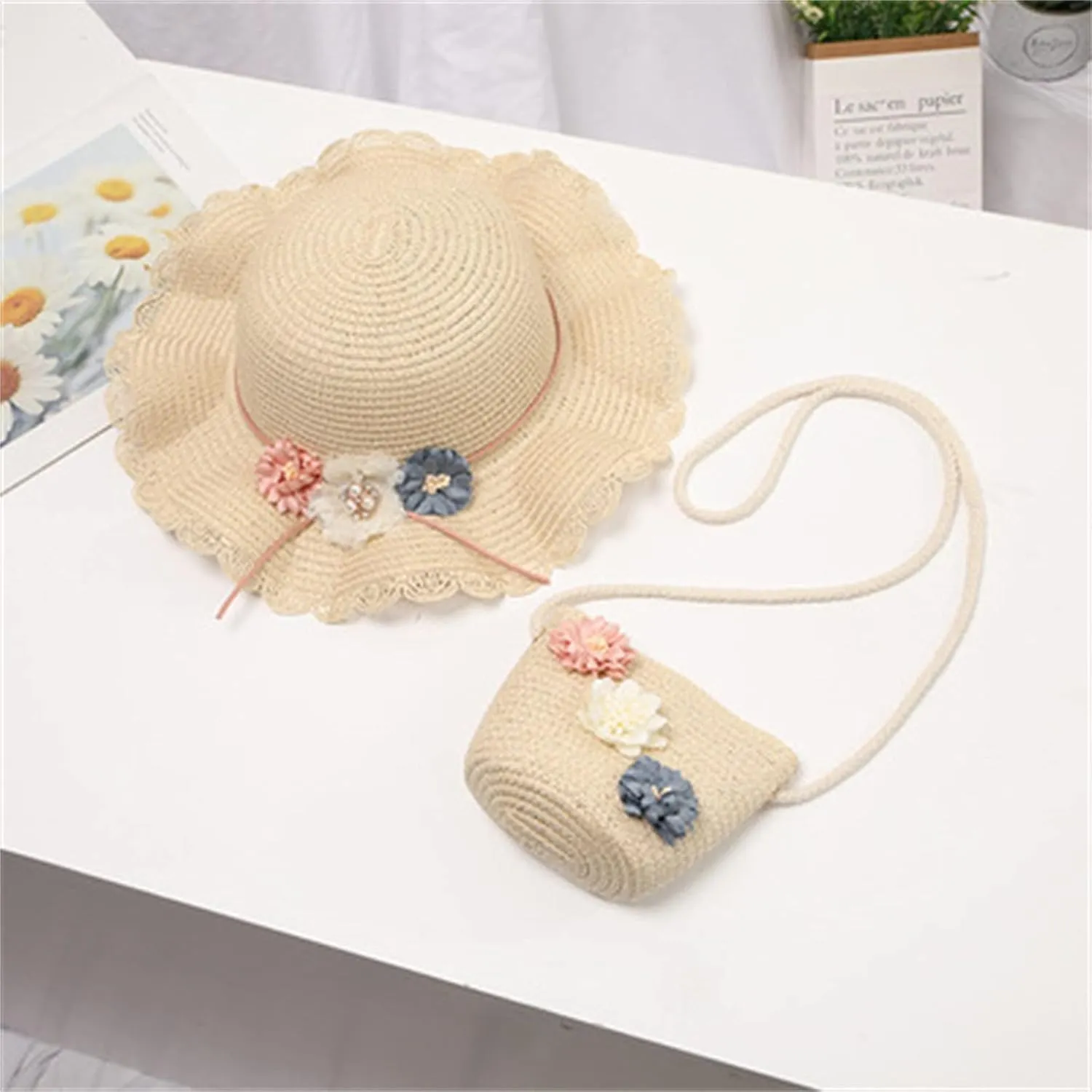 2-8 Years Kids Girls 50  UPF Sun Protection Wide Brim Hat Summer Flower Sunshade Hat Straw Beach Sun Hat   Straw Bag