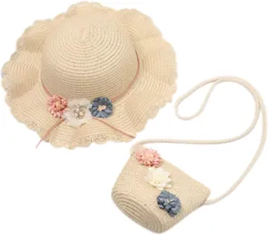 2-8 Years Kids Girls 50  UPF Sun Protection Wide Brim Hat Summer Flower Sunshade Hat Straw Beach Sun Hat   Straw Bag
