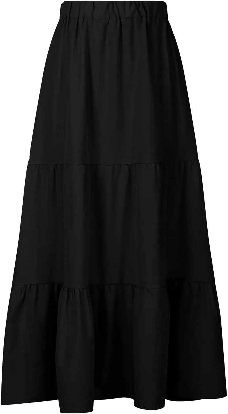 2024 Boho Maxi Skirts for Women Hight Waisted Pleated Ruffle Swing Skirts with Pockets Summer Beach Vacation Clothes