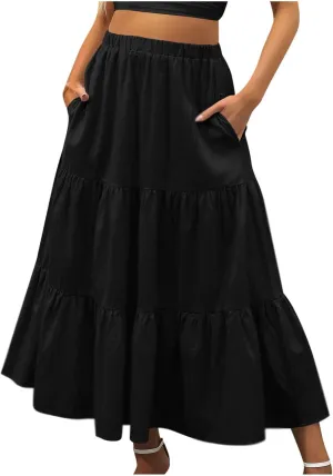 2024 Boho Maxi Skirts for Women Hight Waisted Pleated Ruffle Swing Skirts with Pockets Summer Beach Vacation Clothes