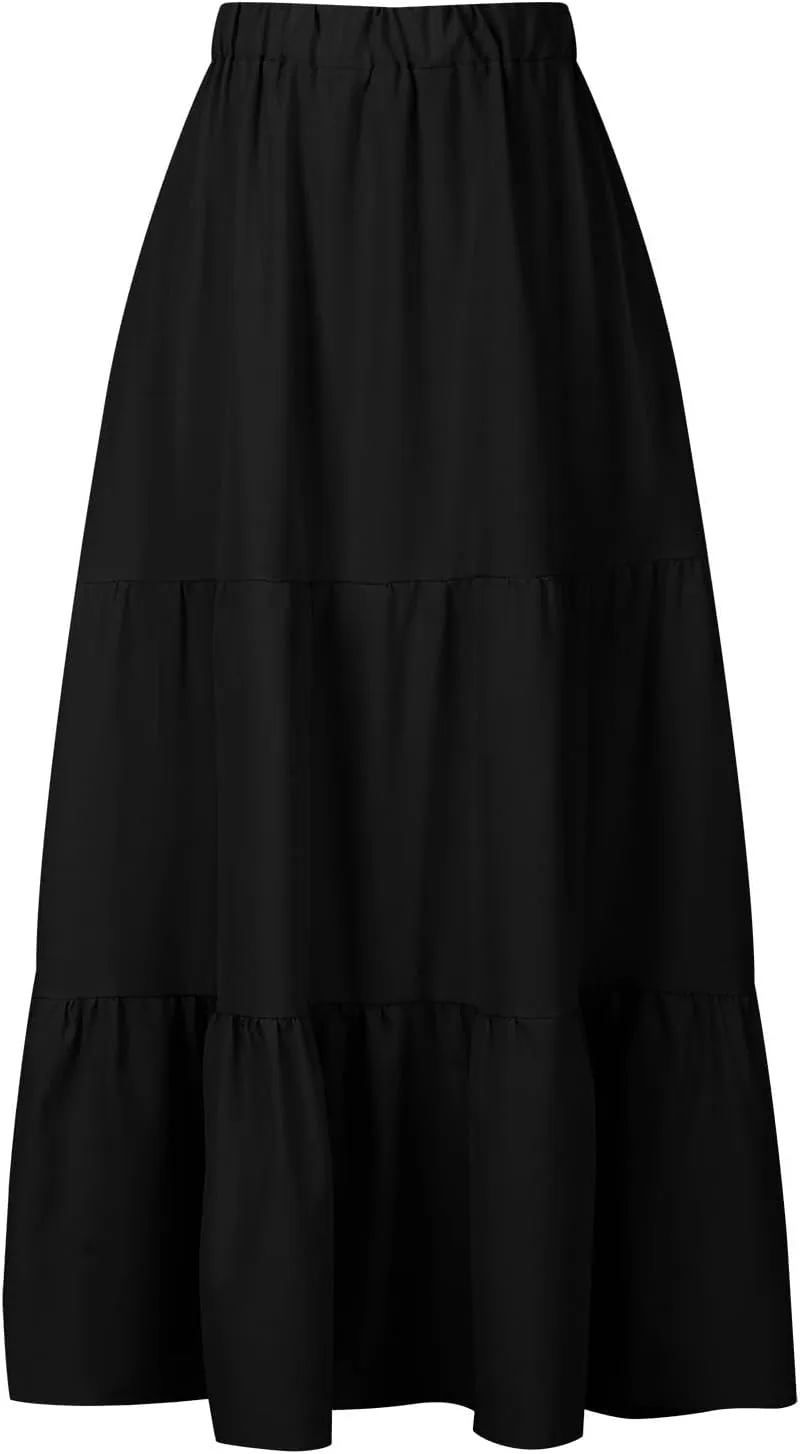 2024 Boho Maxi Skirts for Women Hight Waisted Pleated Ruffle Swing Skirts with Pockets Summer Beach Vacation Clothes