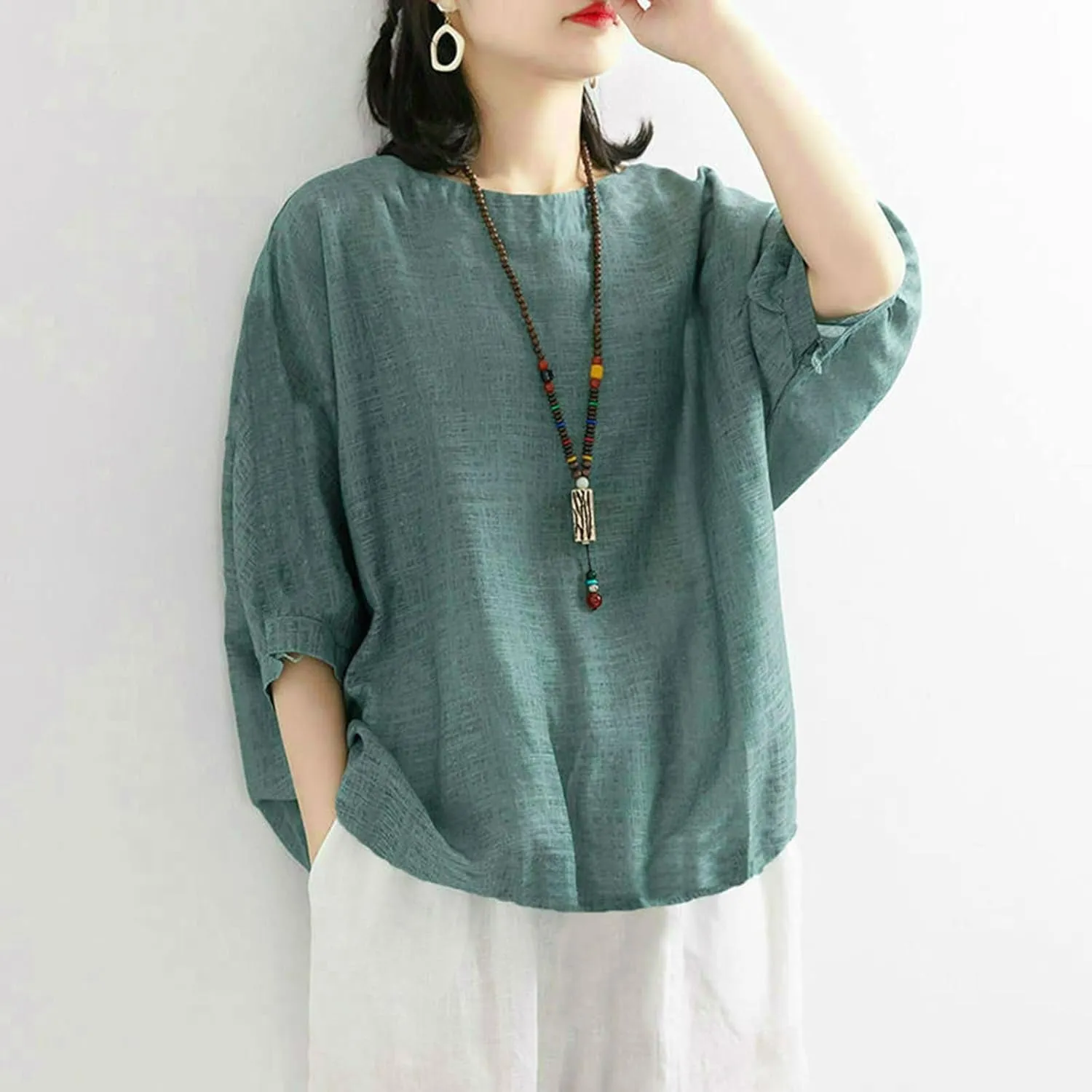 2025 Women Summer Oversize Cotton Linen Tops Trendy Casual Beach Shirts 3/4 Sleeve V Neck Loose Tunic Top Basic Tees