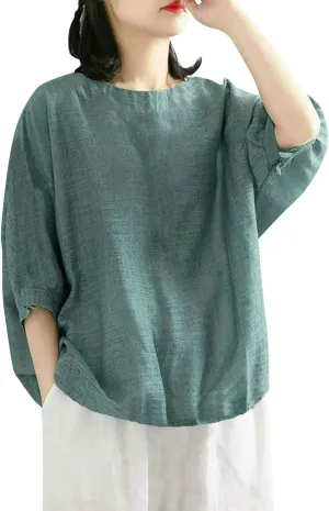 2025 Women Summer Oversize Cotton Linen Tops Trendy Casual Beach Shirts 3/4 Sleeve V Neck Loose Tunic Top Basic Tees