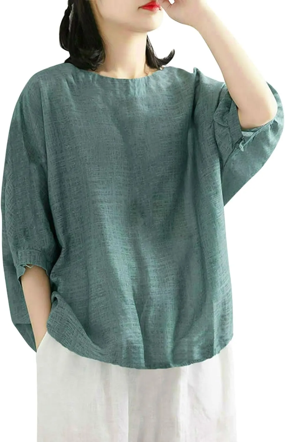 2025 Women Summer Oversize Cotton Linen Tops Trendy Casual Beach Shirts 3/4 Sleeve V Neck Loose Tunic Top Basic Tees