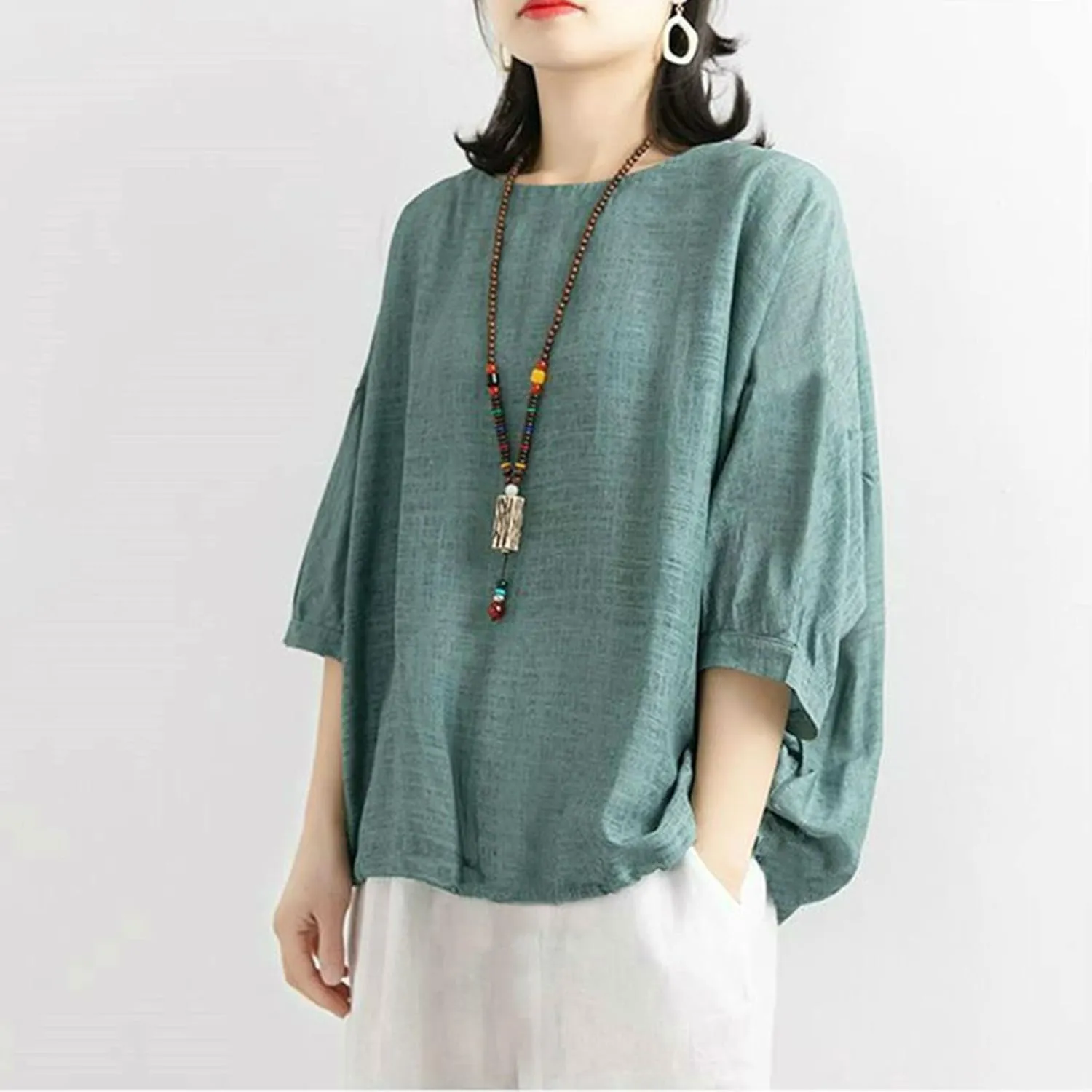 2025 Women Summer Oversize Cotton Linen Tops Trendy Casual Beach Shirts 3/4 Sleeve V Neck Loose Tunic Top Basic Tees