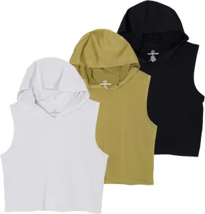 3 Pack: Women's Dry-Fit Sleeveless Cropped Tank Top Hoodie - Athletic Crop Sweatshirt