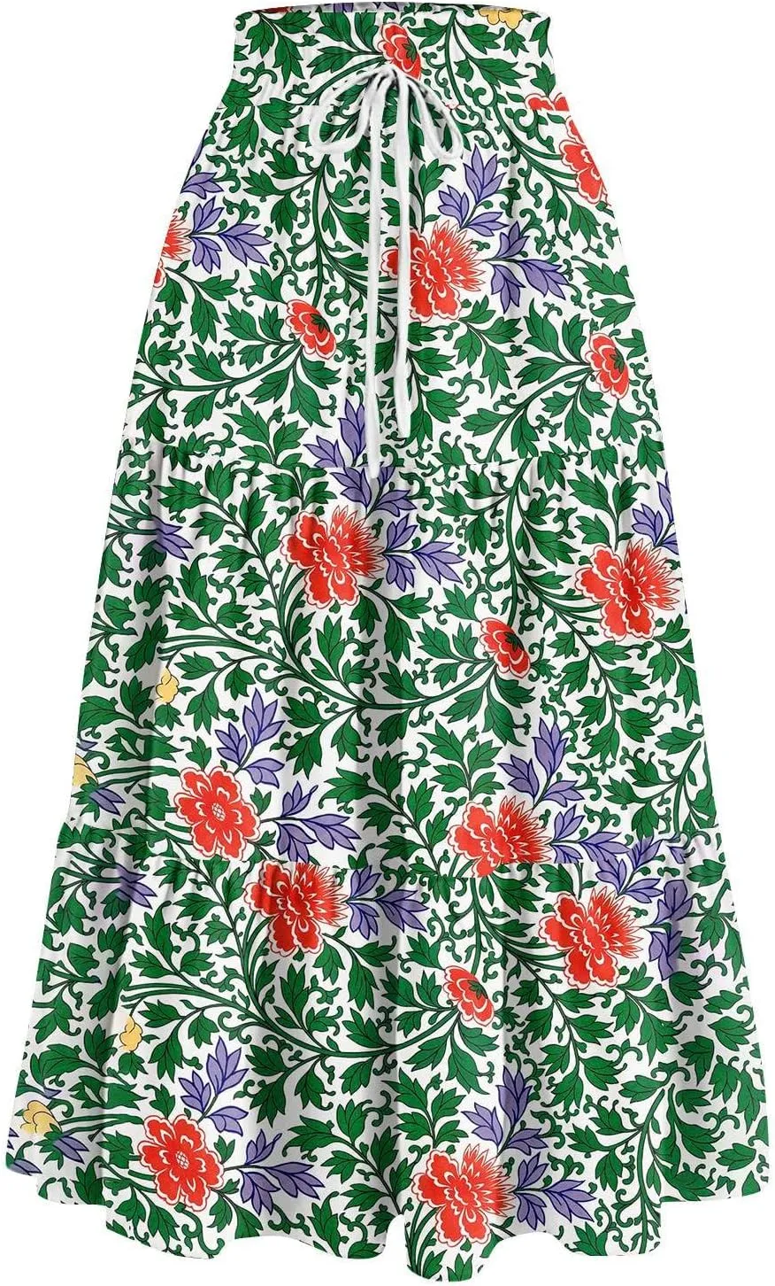 ADHOWBEW Boho Skirts for Women Flowy Cute Ruffle Midi Length Plus Size Beach A Line Casual High Waisted Trendy Spring Skirts