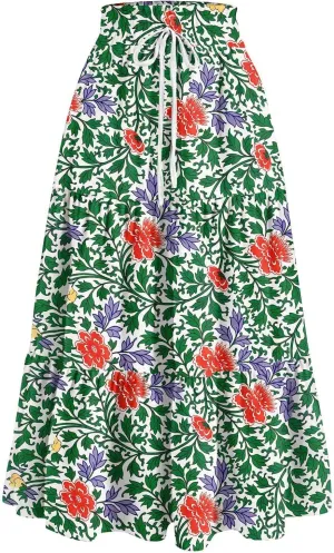 ADHOWBEW Boho Skirts for Women Flowy Cute Ruffle Midi Length Plus Size Beach A Line Casual High Waisted Trendy Spring Skirts
