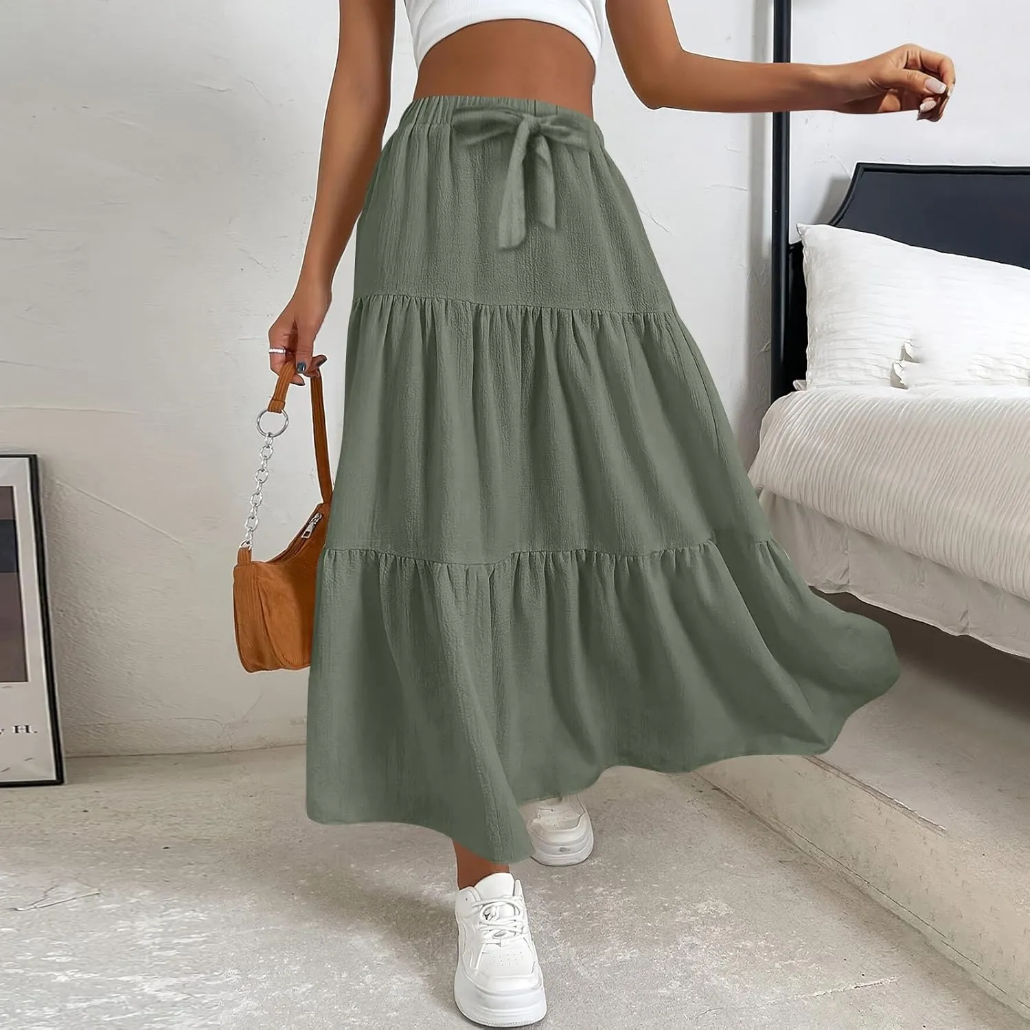 ADHOWBEW Spring Skirts for Women 2025 Elastic Waist Vacation Long Trendy Flowy Tiered Bohemian Skirts