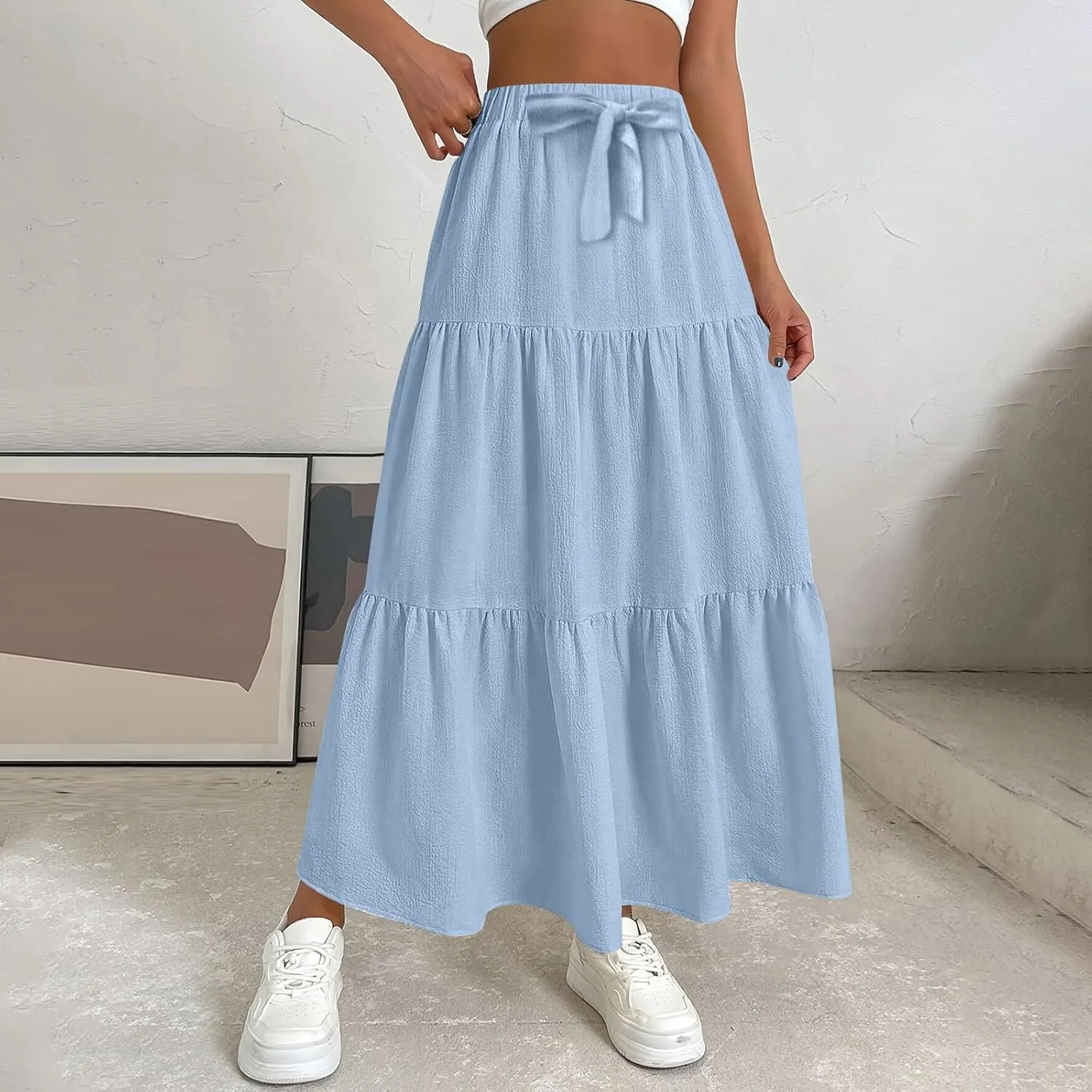 ADHOWBEW Spring Skirts for Women 2025 Elastic Waist Vacation Long Trendy Flowy Tiered Bohemian Skirts