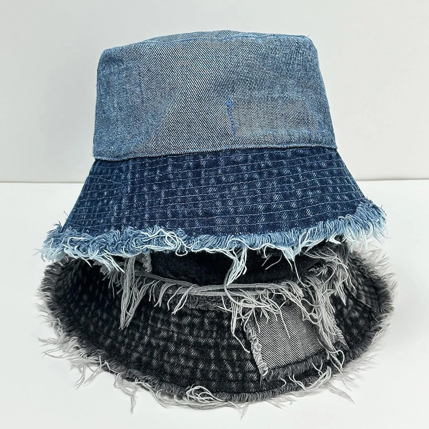 Adult Denim Bucket Cap Packable Patchwork Distressed Wide Brim Sun Protection Fisherman Hat