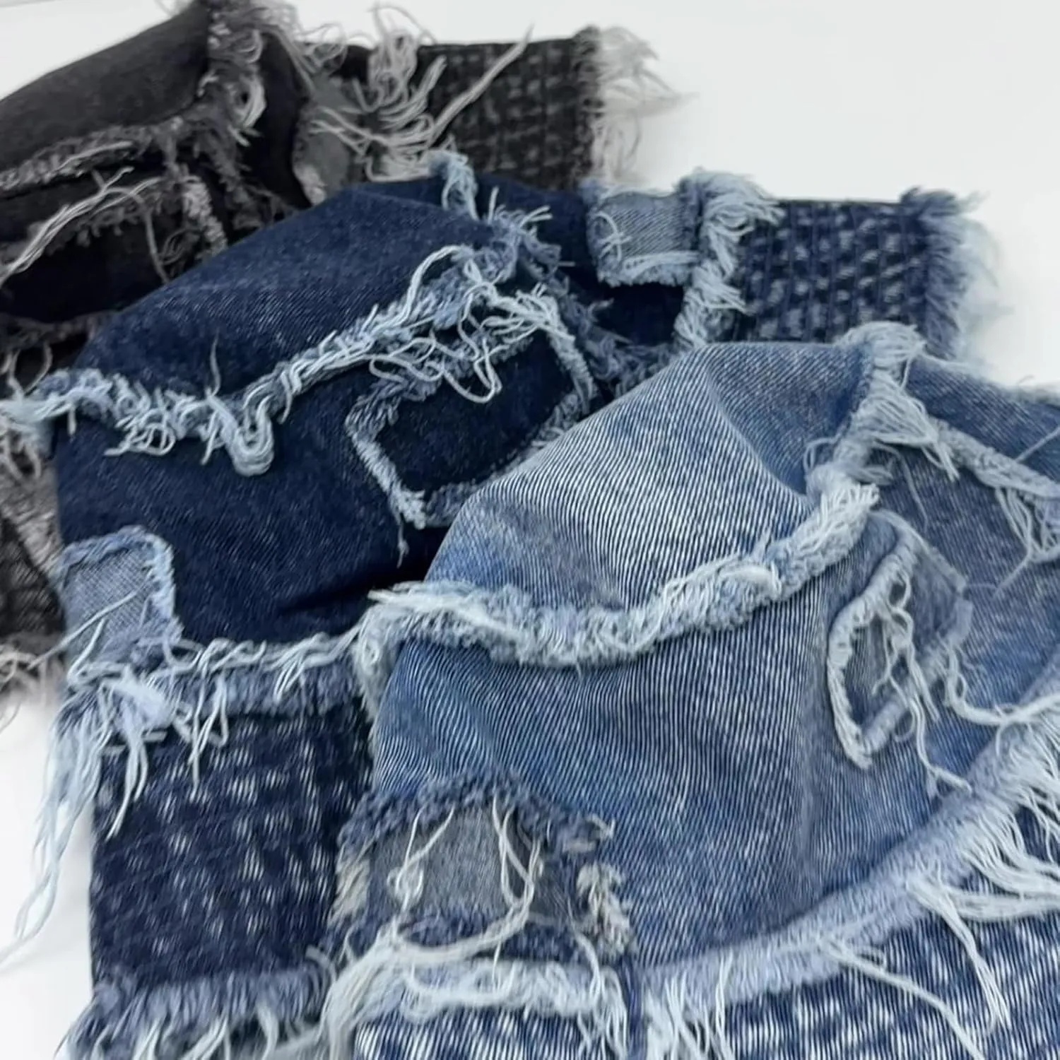 Adult Denim Bucket Cap Packable Patchwork Distressed Wide Brim Sun Protection Fisherman Hat
