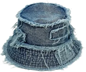 Adult Denim Bucket Cap Packable Patchwork Distressed Wide Brim Sun Protection Fisherman Hat