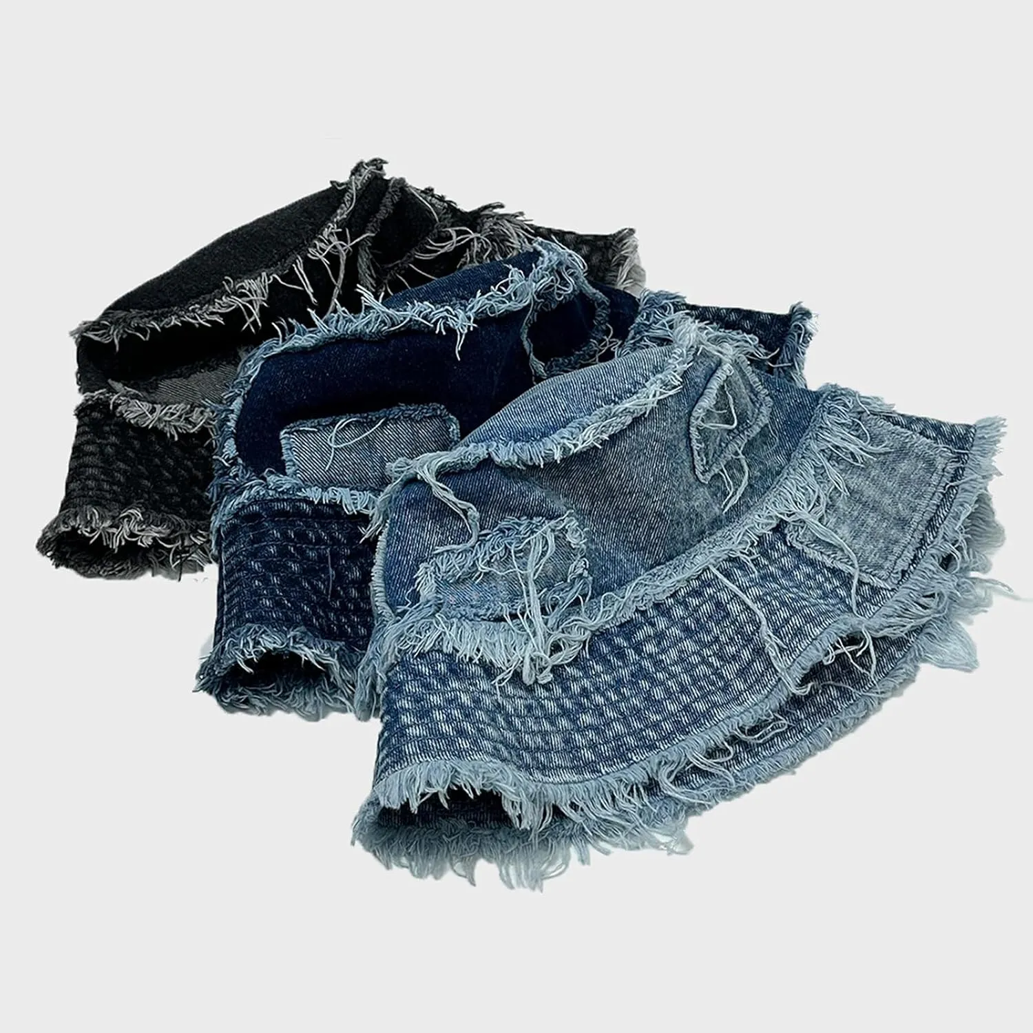 Adult Denim Bucket Cap Packable Patchwork Distressed Wide Brim Sun Protection Fisherman Hat