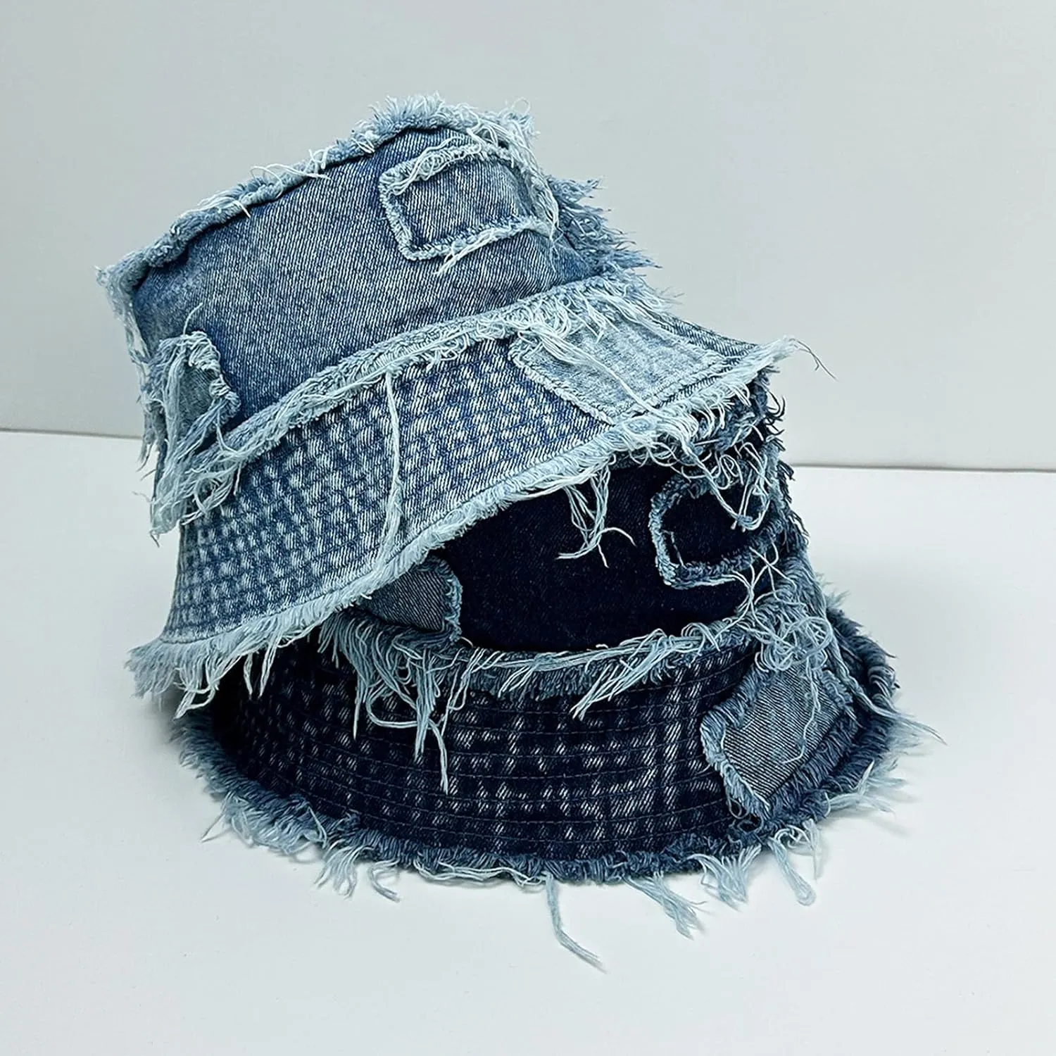 Adult Denim Bucket Cap Packable Patchwork Distressed Wide Brim Sun Protection Fisherman Hat