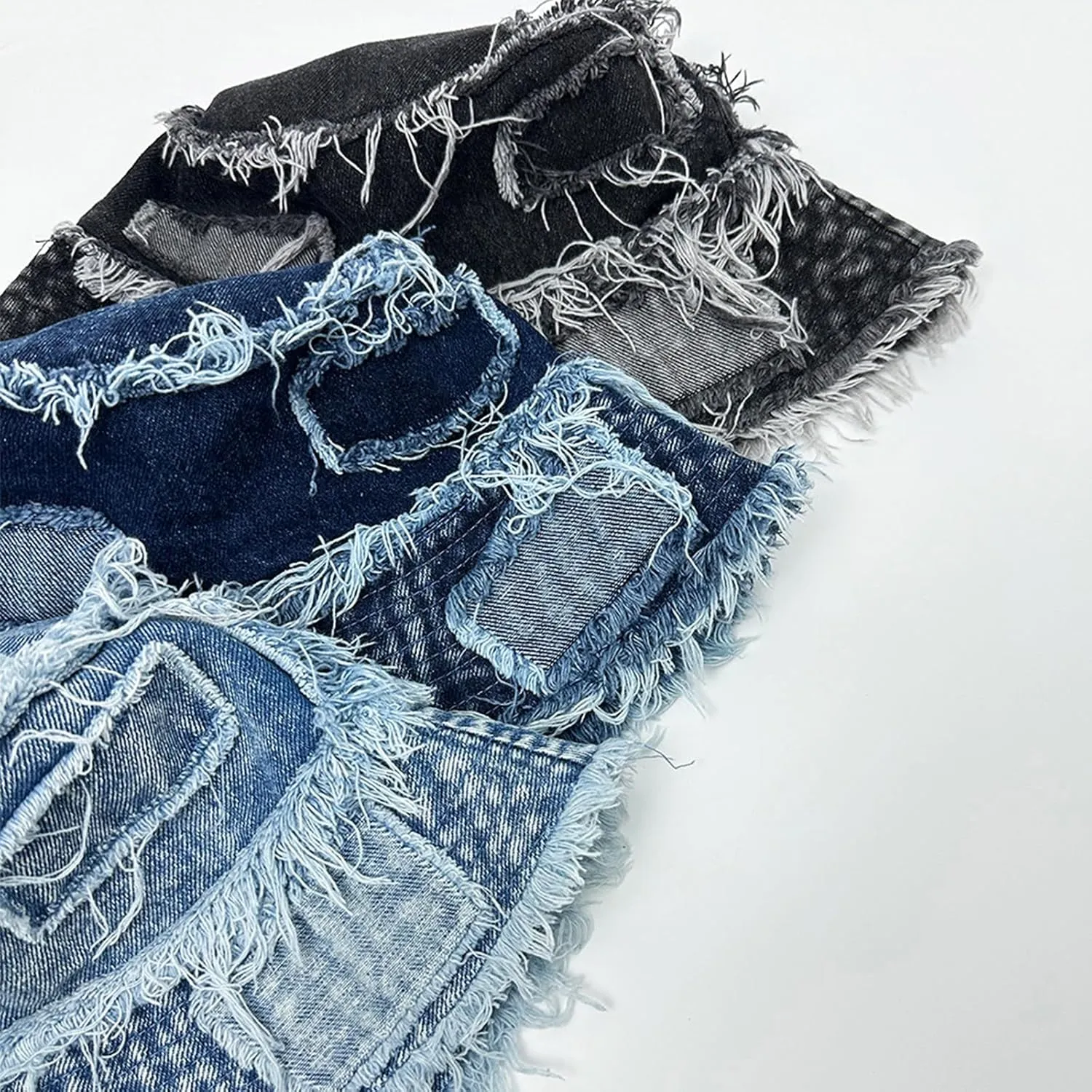 Adult Denim Bucket Cap Packable Patchwork Distressed Wide Brim Sun Protection Fisherman Hat