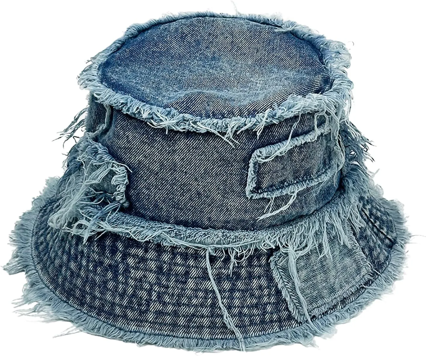 Adult Denim Bucket Cap Packable Patchwork Distressed Wide Brim Sun Protection Fisherman Hat