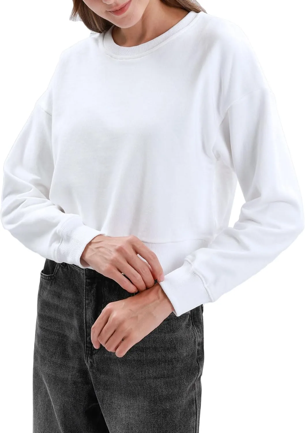 Amazhiyu Women's Cropped Sweatshirt French Terry Crew Neck Long Sleeve Pullover