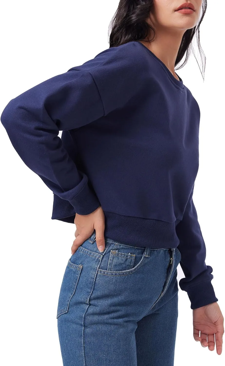 Amazhiyu Women's Cropped Sweatshirt French Terry Crew Neck Long Sleeve Pullover