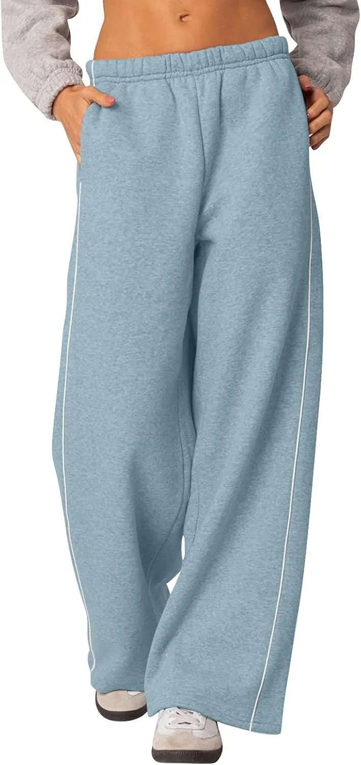 Baggy Sweatpants Women Wide Leg Low Rise Fleece Straight Leg Sweatpants Lightweight Soft Cotton Joggers w/Pockets