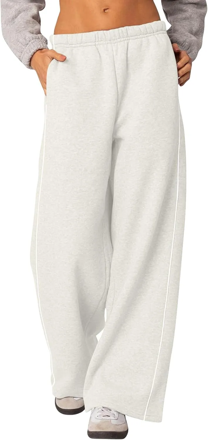Baggy Sweatpants Women Wide Leg Low Rise Fleece Straight Leg Sweatpants Lightweight Soft Cotton Joggers w/Pockets