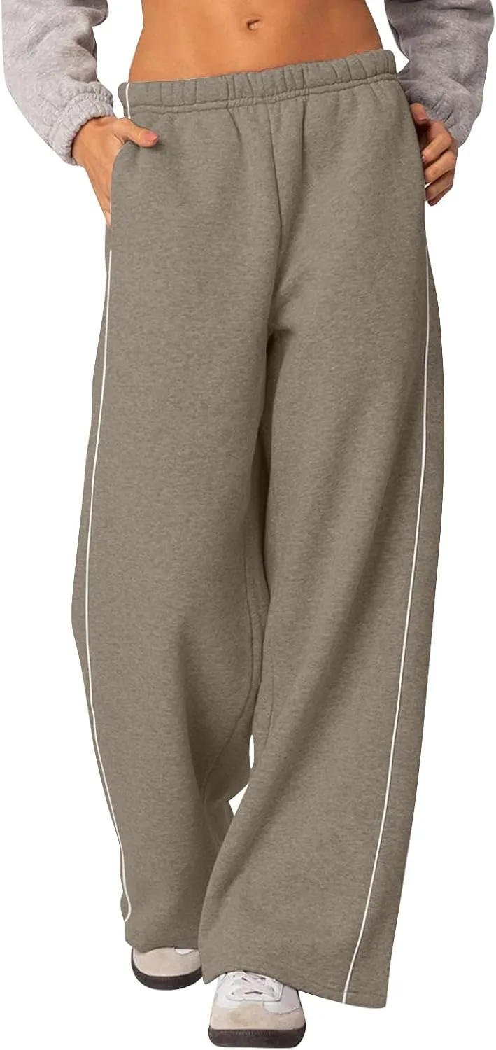 Baggy Sweatpants Women Wide Leg Low Rise Fleece Straight Leg Sweatpants Lightweight Soft Cotton Joggers w/Pockets