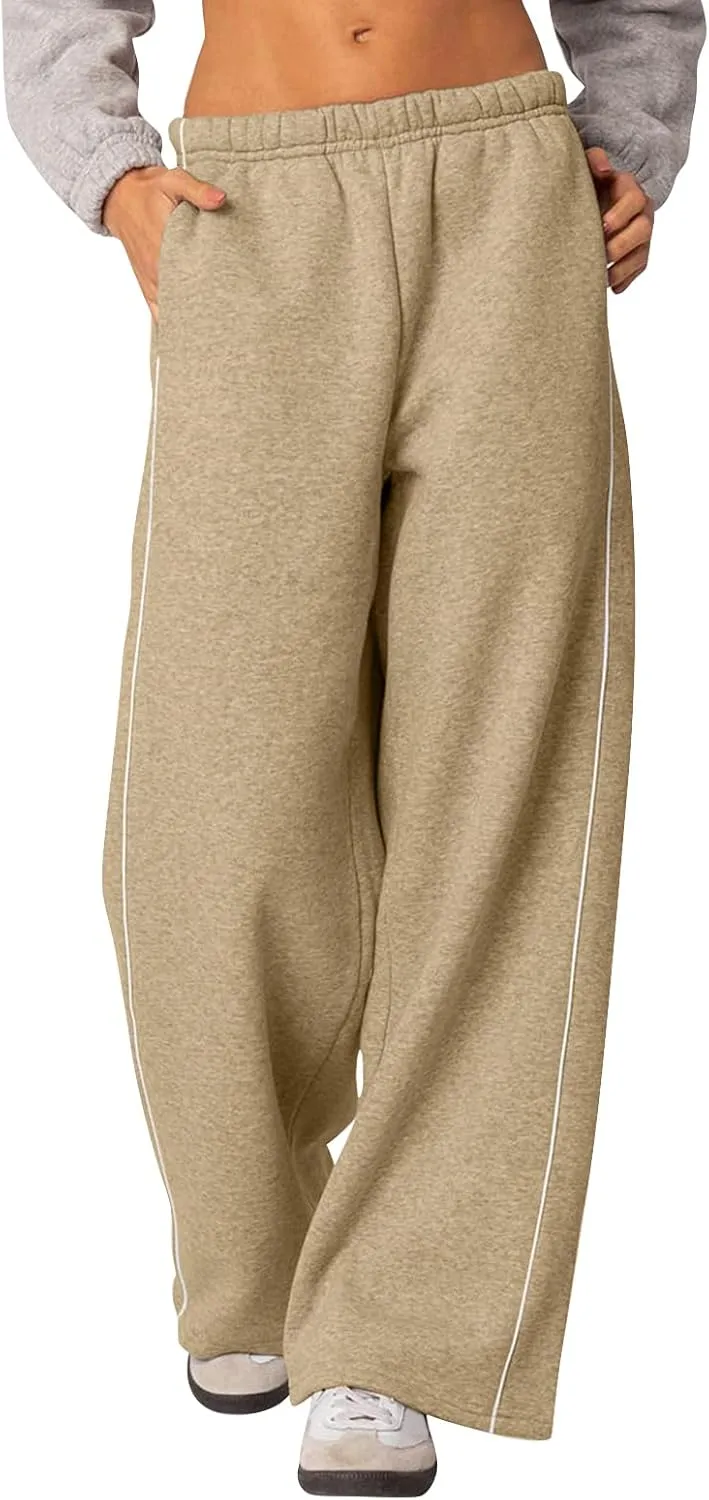 Baggy Sweatpants Women Wide Leg Low Rise Fleece Straight Leg Sweatpants Lightweight Soft Cotton Joggers w/Pockets