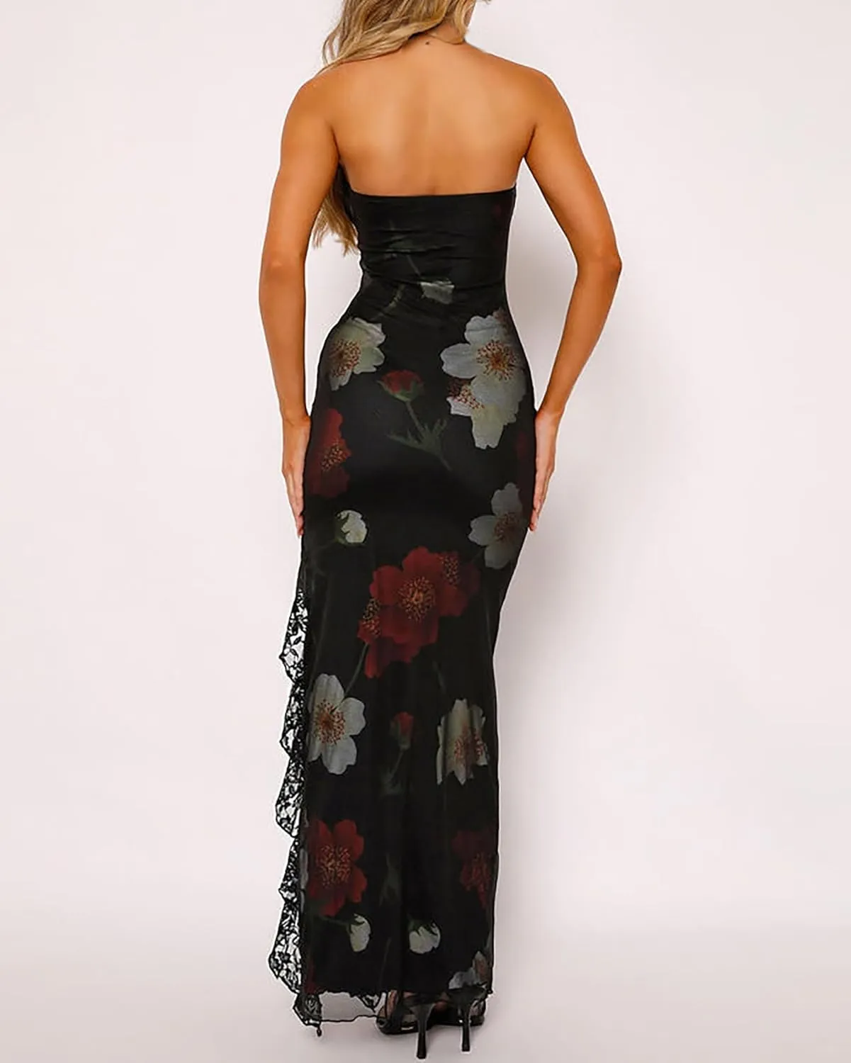 BAIMORE Women's Chic Strapless Tube Floral Lace Patchwork Thigh Split Bodycon Maxi Party Dress