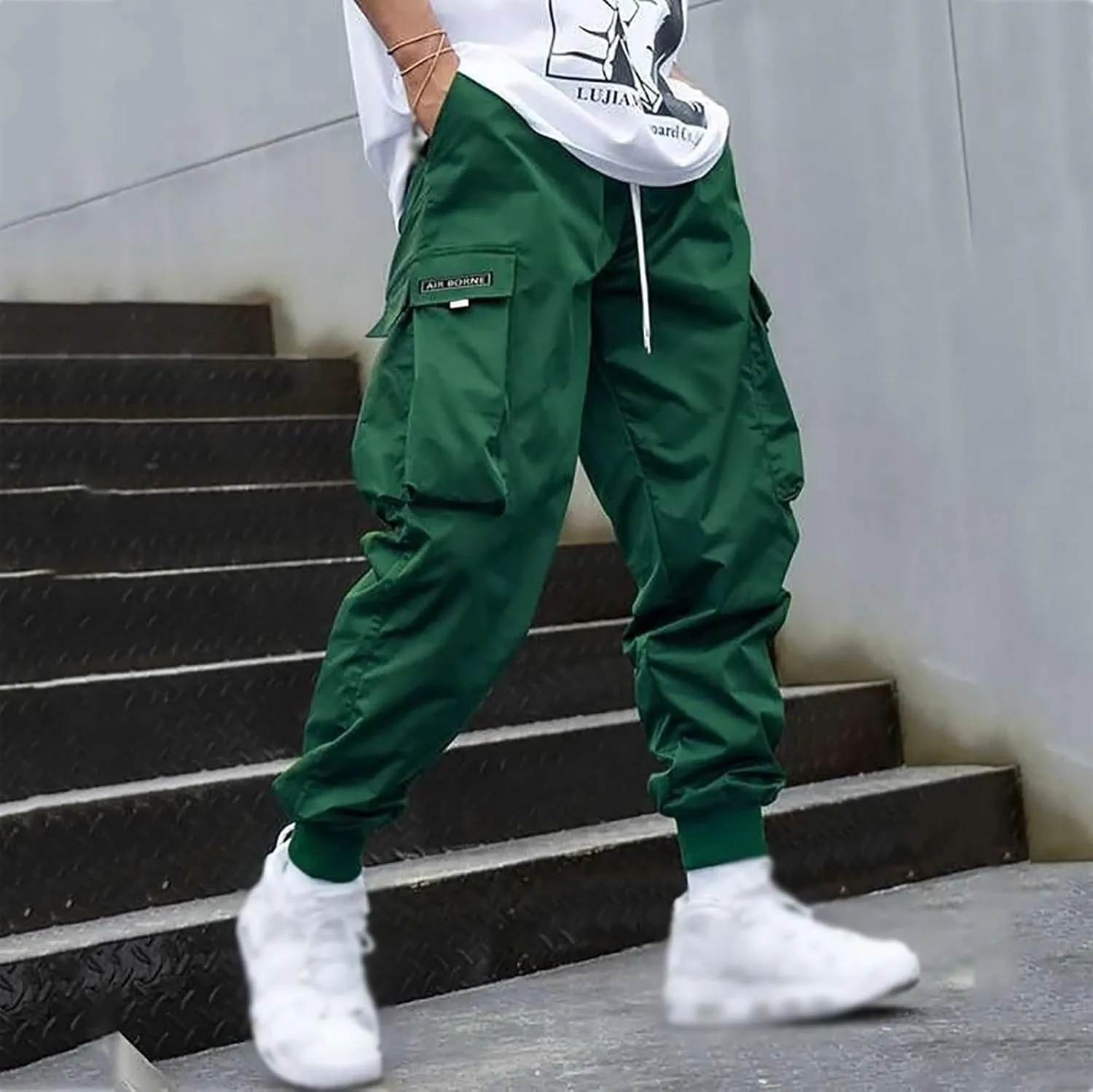 BIFUTON Cargo Pants Men Streetwear Joggers Pants Elastic Waist Hiking Pants Drawstring Cargo Sweatpants with Multi Pockets