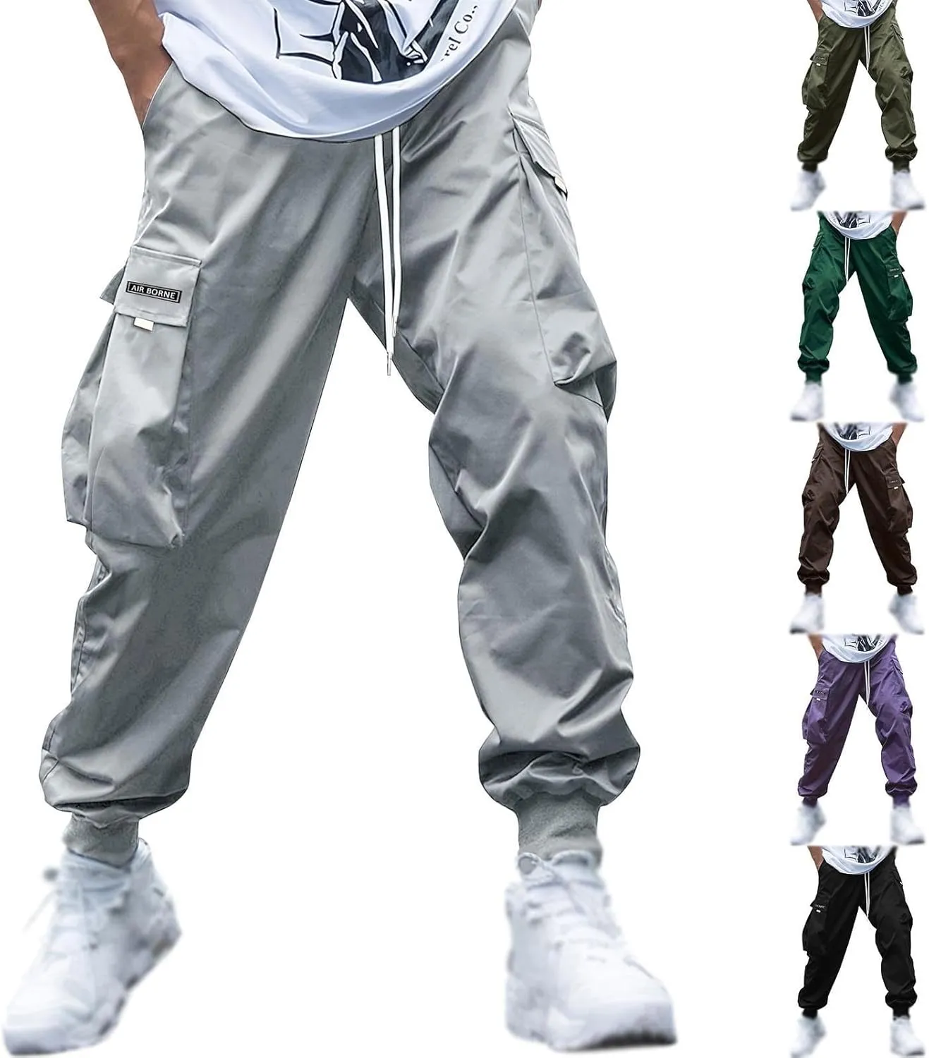 BIFUTON Cargo Pants Men Streetwear Joggers Pants Elastic Waist Hiking Pants Drawstring Cargo Sweatpants with Multi Pockets