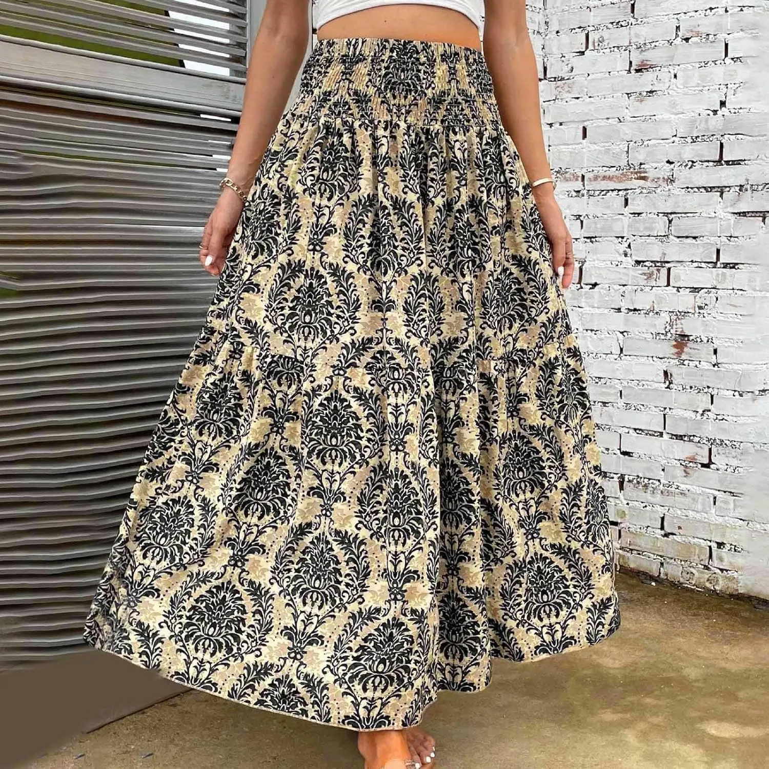 Boho Long Skirts for Women 2025 Summer Elastic High Waisted Flowy Swing A-Line Floral Maxi Skirt