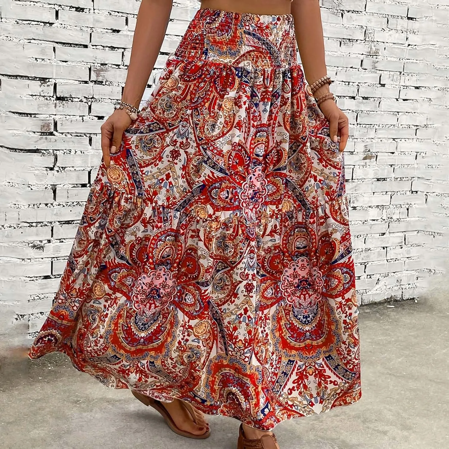 Boho Long Skirts for Women 2025 Summer Elastic High Waisted Flowy Swing A-Line Floral Maxi Skirt