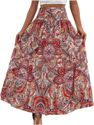 Boho Long Skirts for Women 2025 Summer Elastic High Waisted Flowy Swing A-Line Floral Maxi Skirt