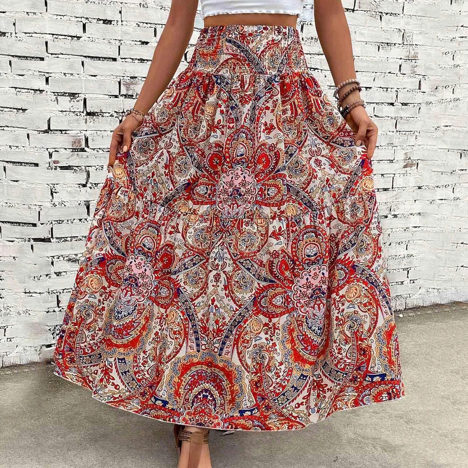 Boho Long Skirts for Women 2025 Summer Elastic High Waisted Flowy Swing A-Line Floral Maxi Skirt