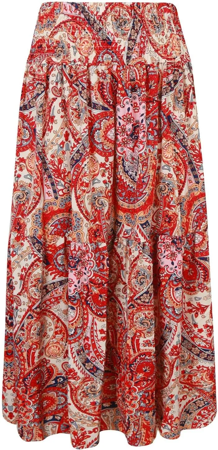 Boho Long Skirts for Women 2025 Summer Elastic High Waisted Flowy Swing A-Line Floral Maxi Skirt