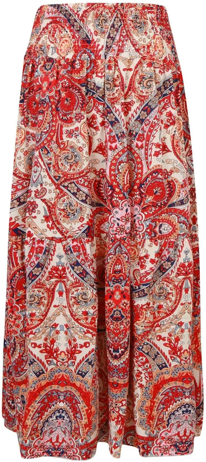 Boho Long Skirts for Women 2025 Summer Elastic High Waisted Flowy Swing A-Line Floral Maxi Skirt