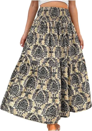 Boho Long Skirts for Women 2025 Summer Elastic High Waisted Flowy Swing A-Line Floral Maxi Skirt