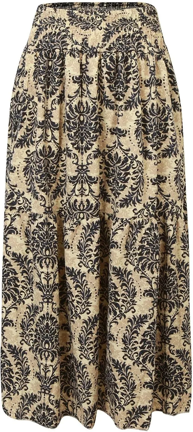Boho Long Skirts for Women 2025 Summer Elastic High Waisted Flowy Swing A-Line Floral Maxi Skirt