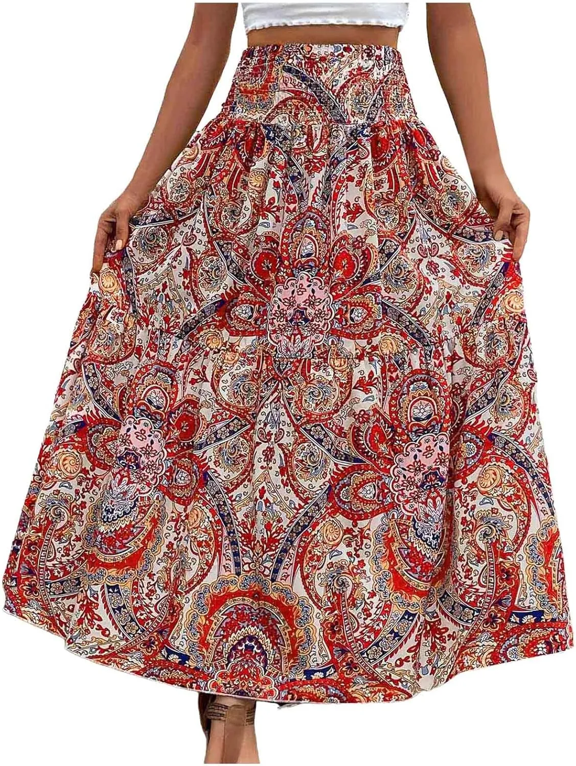 Boho Long Skirts for Women 2025 Summer Elastic High Waisted Flowy Swing A-Line Floral Maxi Skirt