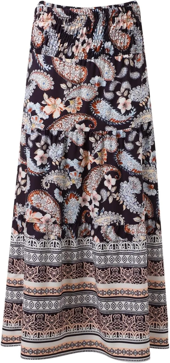 Boho Maxi Skirts for Women Floral Printed Elastic Waisted Flowy Swing A-Line Skirt for Beach Vacation
