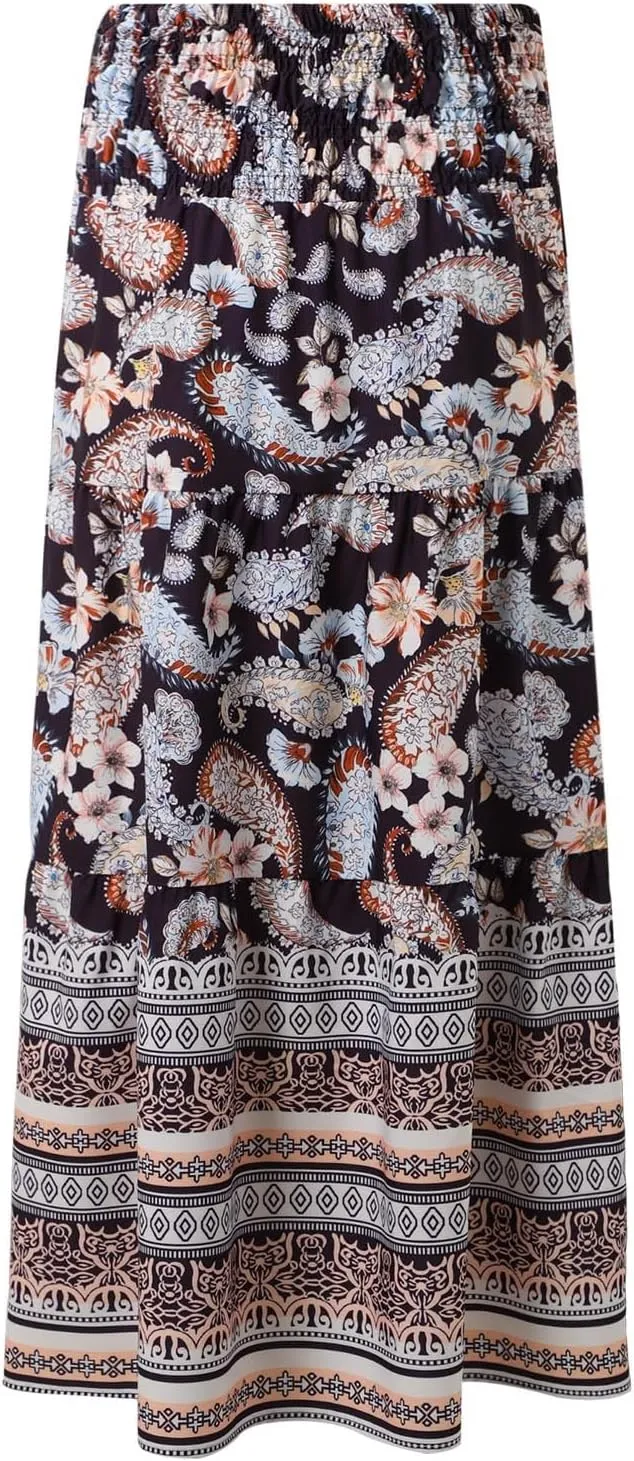 Boho Maxi Skirts for Women Floral Printed Elastic Waisted Flowy Swing A-Line Skirt for Beach Vacation