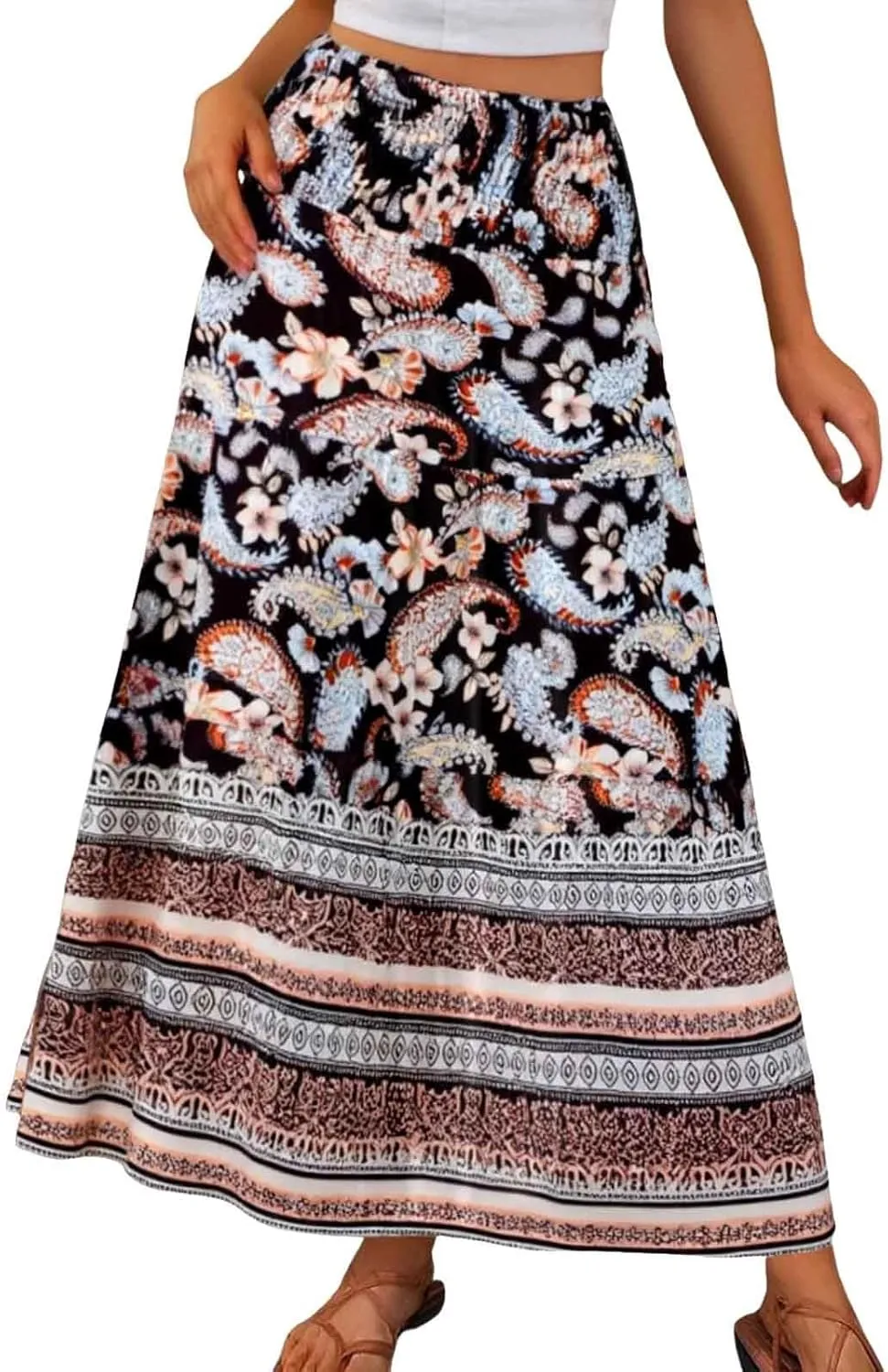 Boho Maxi Skirts for Women Floral Printed Elastic Waisted Flowy Swing A-Line Skirt for Beach Vacation
