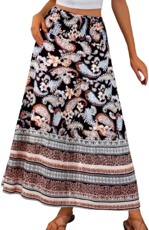 Boho Maxi Skirts for Women Floral Printed Elastic Waisted Flowy Swing A-Line Skirt for Beach Vacation