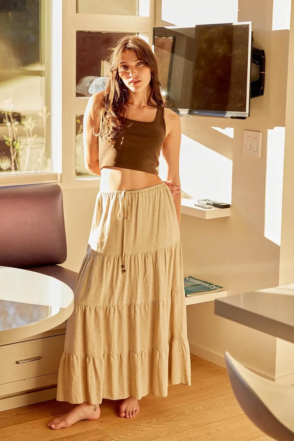 Cali1850 Women's XS~XL Lined Tiered Elastic Waist Linen Flare Maxi Skirt