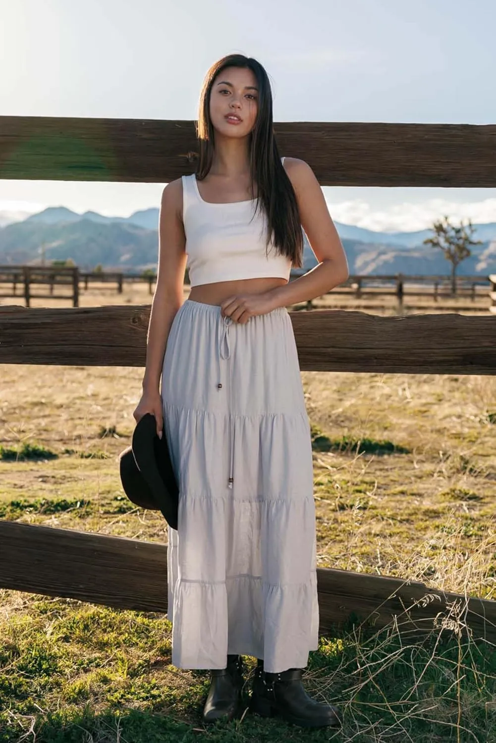 Cali1850 Women's XS~XL Lined Tiered Elastic Waist Linen Flare Maxi Skirt