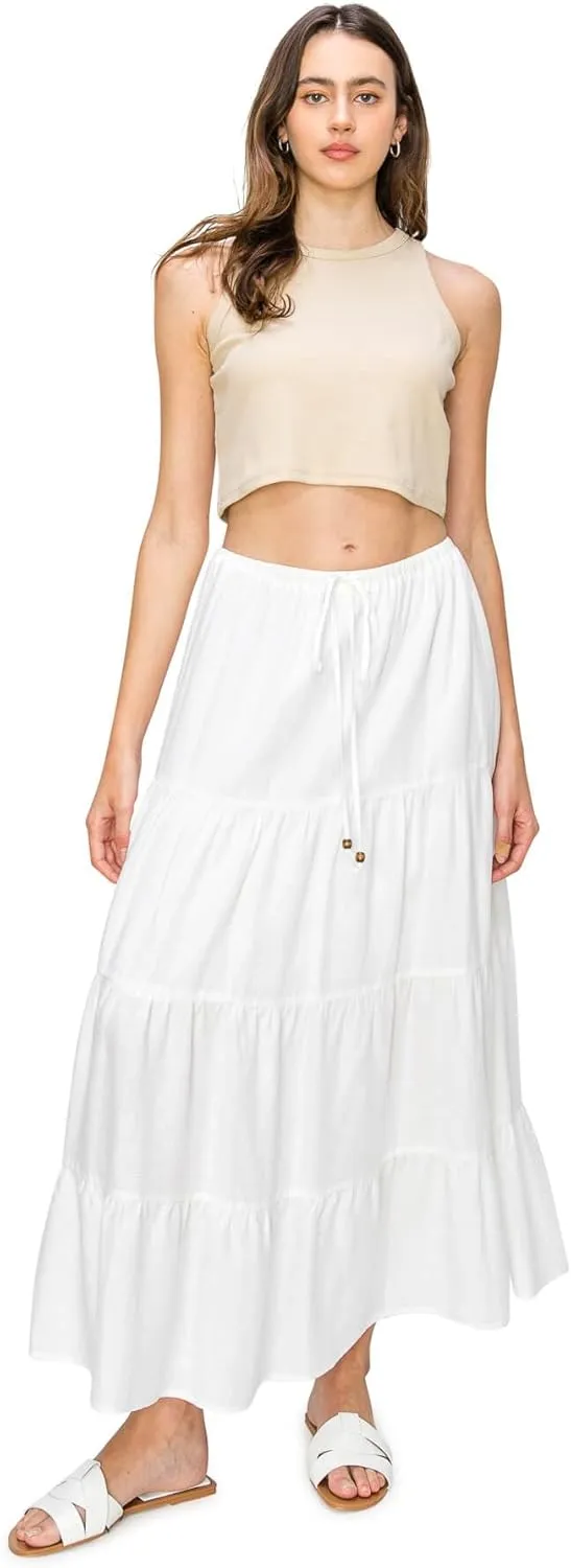 Cali1850 Women's XS~XL Lined Tiered Elastic Waist Linen Flare Maxi Skirt