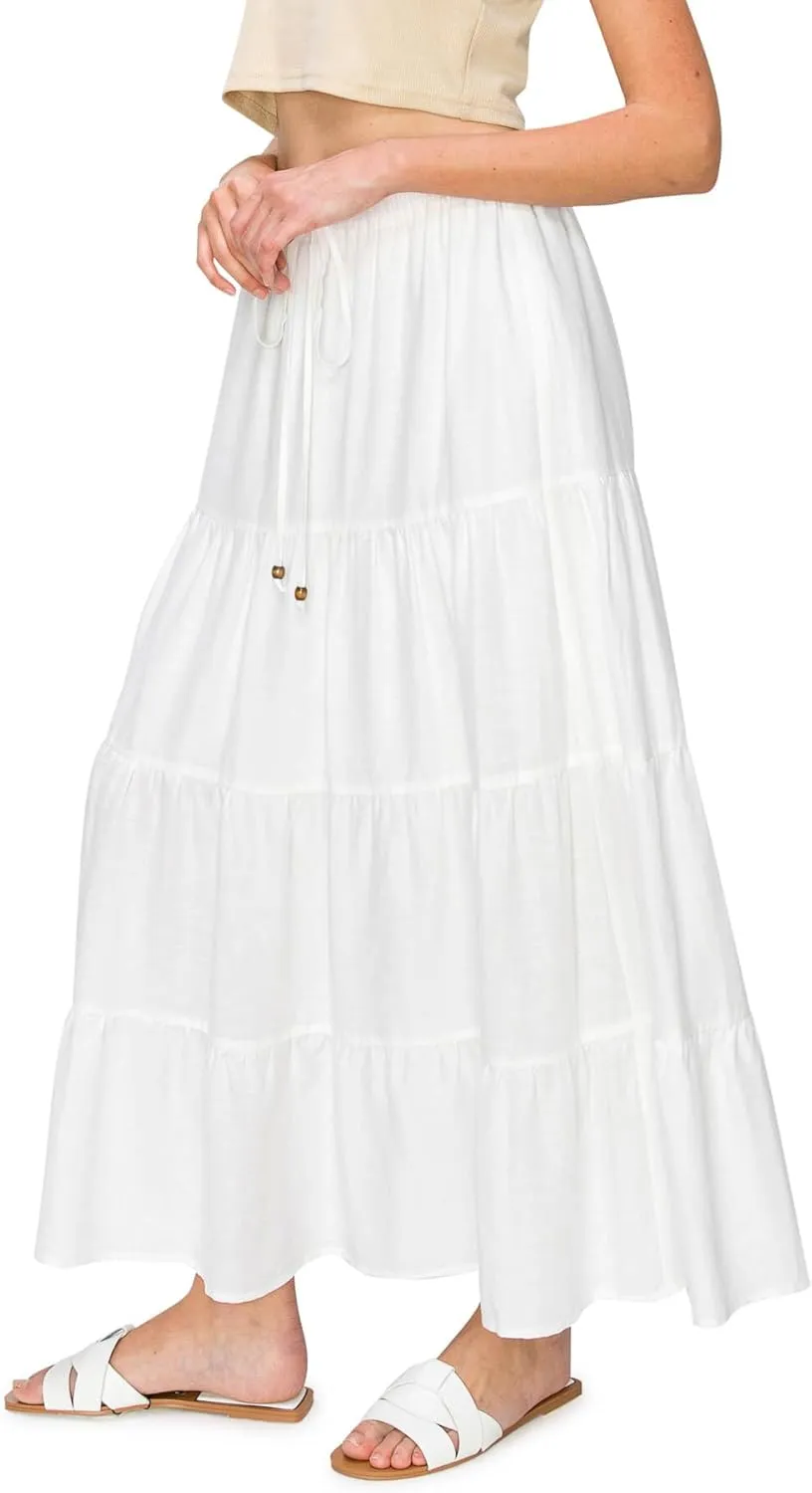 Cali1850 Women's XS~XL Lined Tiered Elastic Waist Linen Flare Maxi Skirt