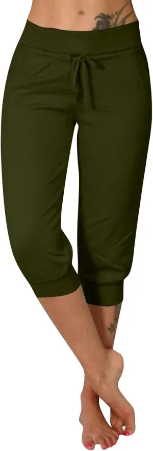 Capri Pants for Women Drawstring High Waisted Lightweight Hiking Joggers Workout Capris Yoga Sweatpants with Pockets