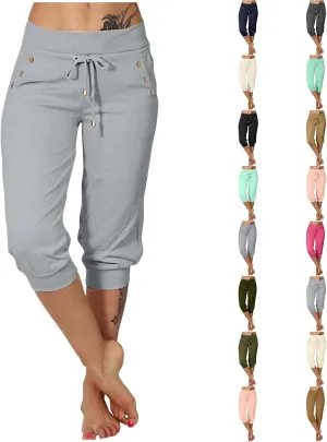 Capri Pants for Women Drawstring High Waisted Lightweight Hiking Joggers Workout Capris Yoga Sweatpants with Pockets